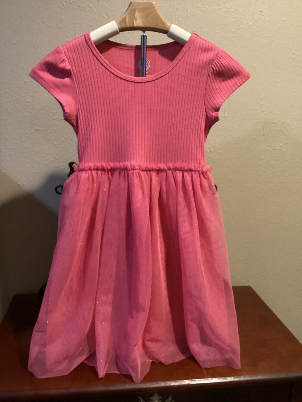 Girls Pink Ribbed Sparkle Tulle Short Sleeve Party Dress